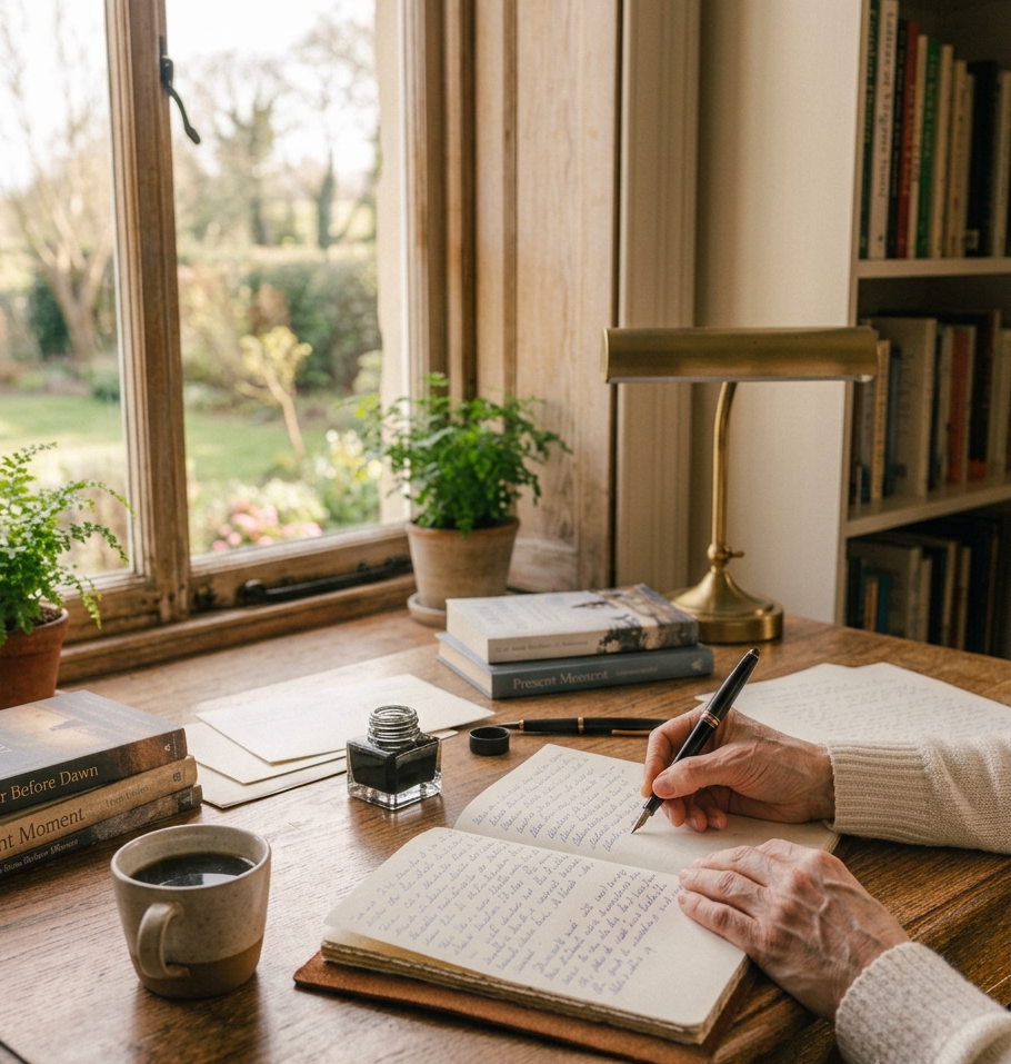 Writing by hand in a notebook at a desk — fully absorbed in the present moment rather than the goal ahead.