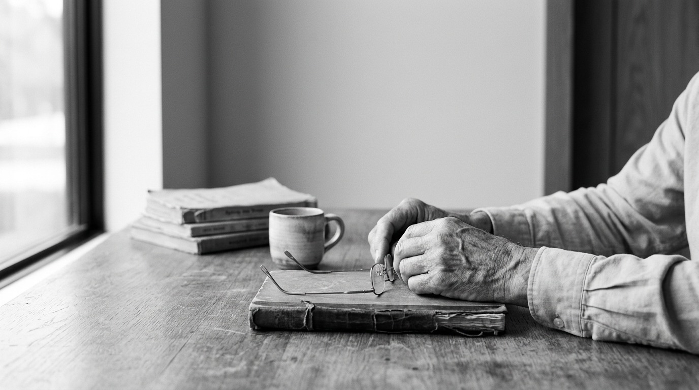 Black-and-white photograph of an elderly man’s hands resting on an old, worn book, symbolising ageing, reflection and the passage of time.
