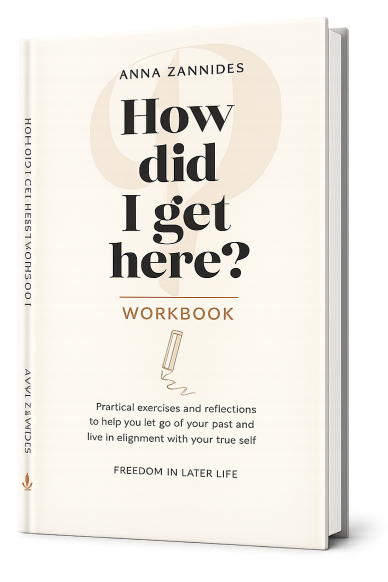 Cover of the workbook titled 'How did I get here?' by Anna Zannides, featuring a minimalistic design with a light background, text, and a small illustration of a pen.