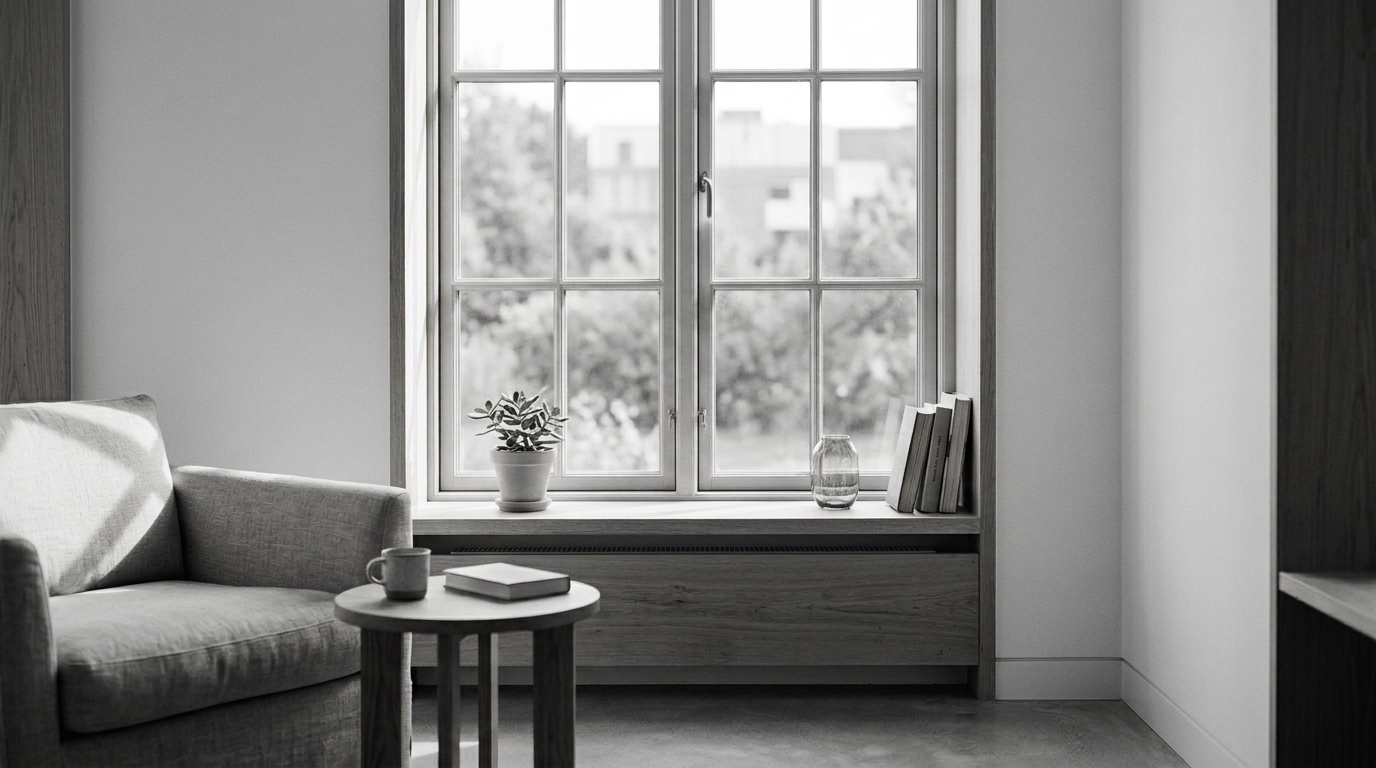 A sunlit window with soft natural light streaming into an empty room.