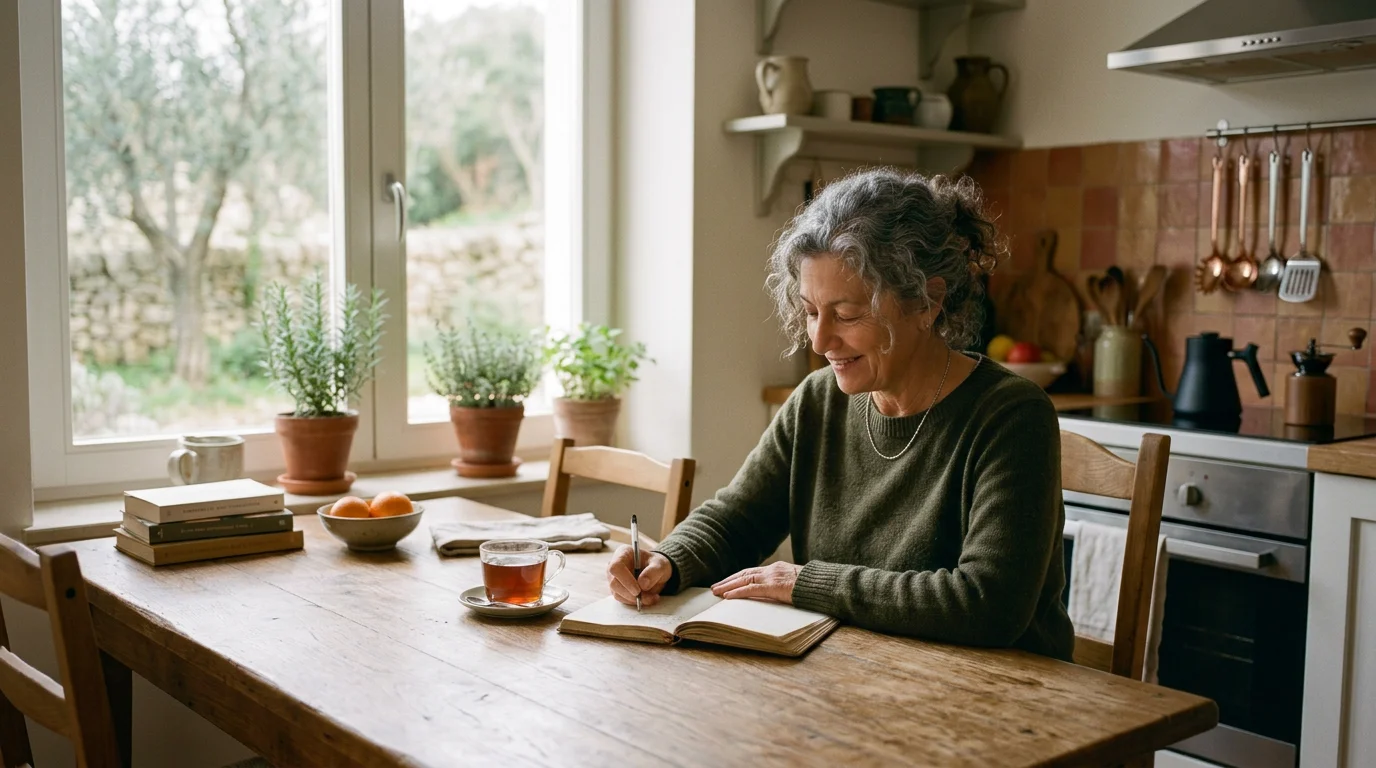 Woman over 60 writing a gratitude list at her kitchen table, finding happiness after 50 in an ordinary morning.