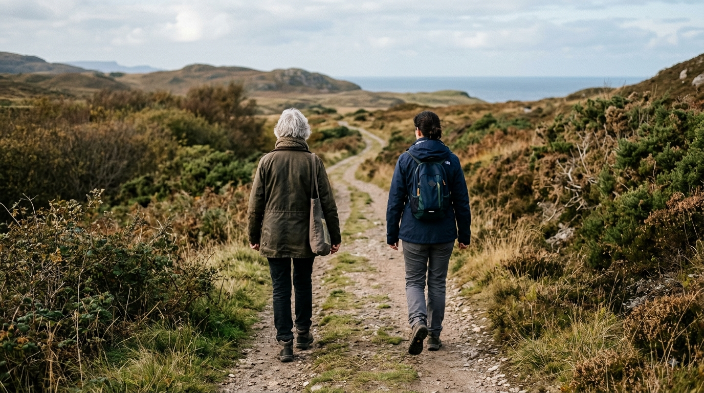 An older woman and her adult child walk a coastal path together, a small space between them, the sea ahead.