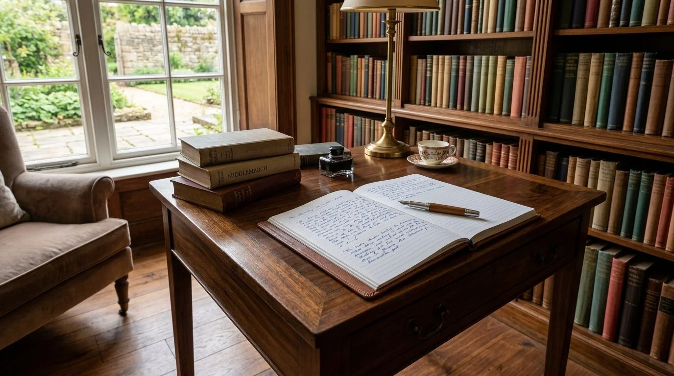 A writing desk with a pen, notebook in a library