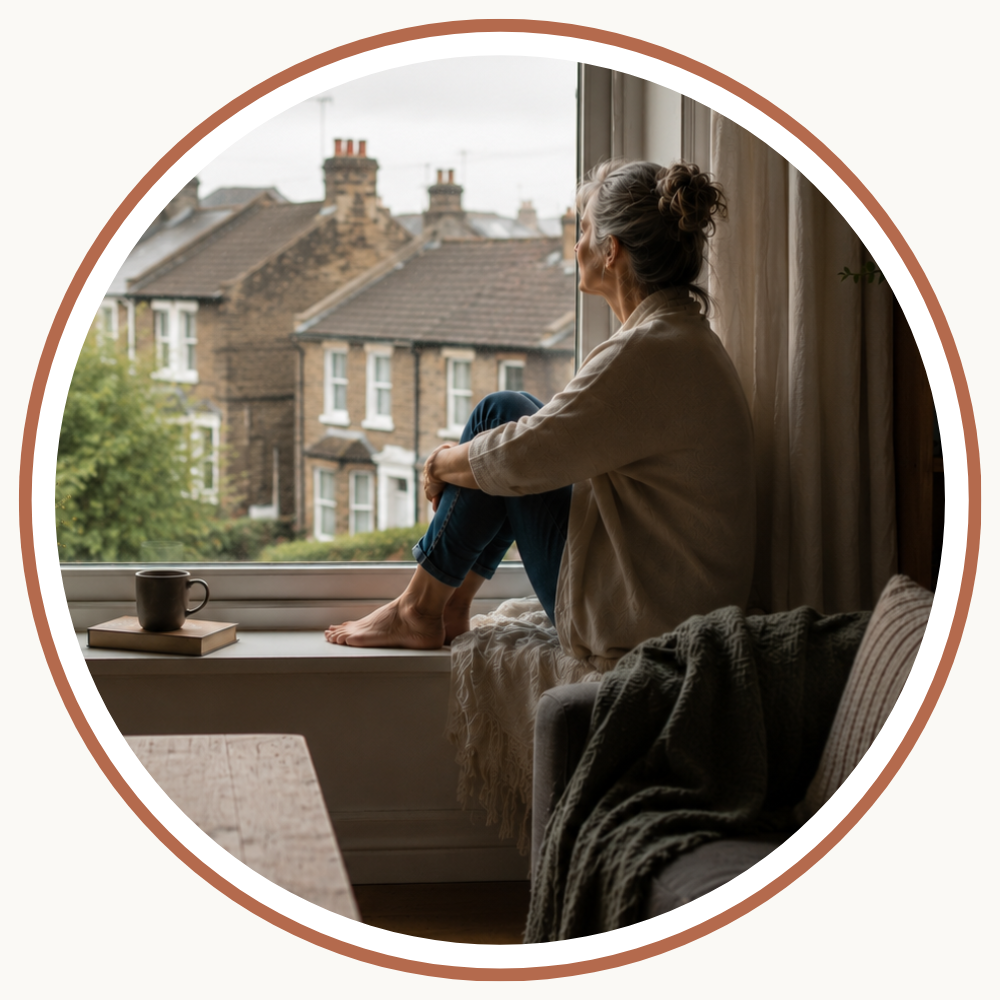 Woman sitting on a window sill looking out and reflecting on life