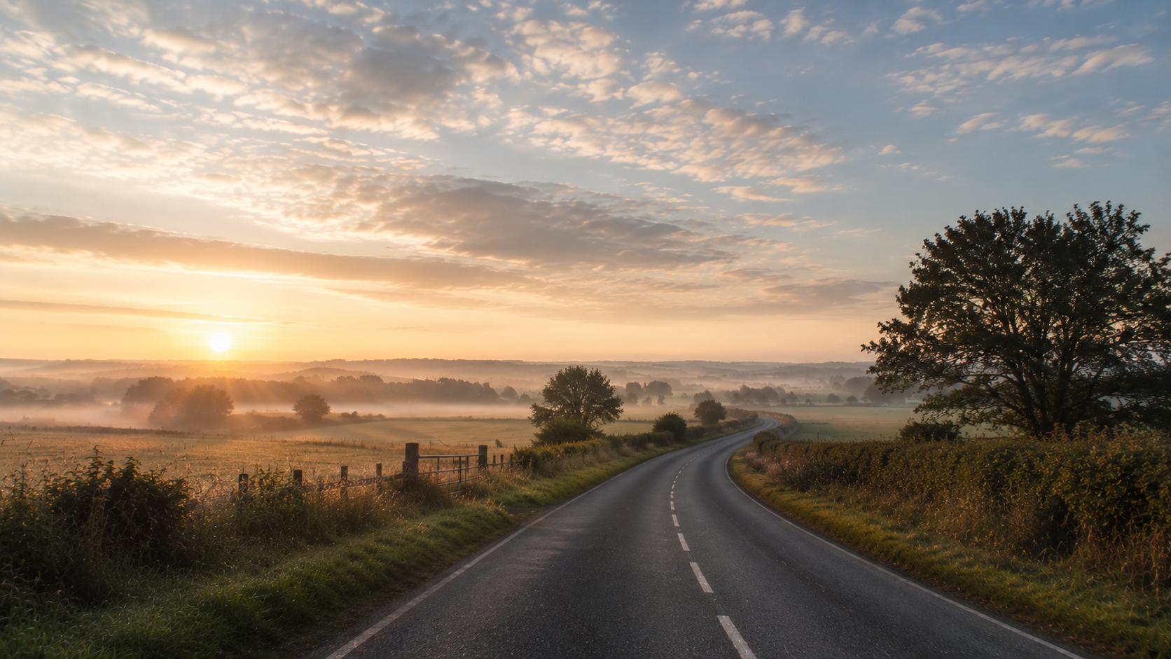 An open road stretching ahead through misty fields at sunrise, low light on the horizon.