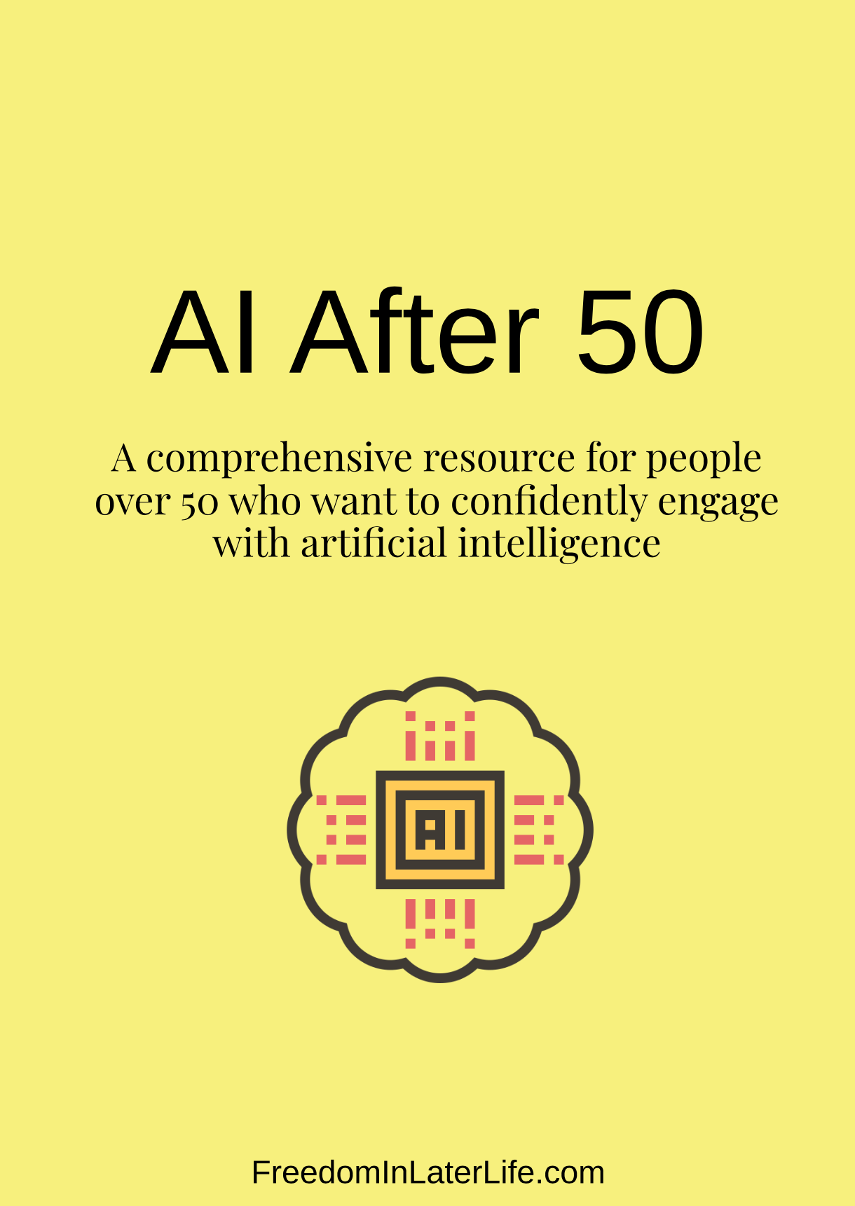 Yellow promotional poster for a book titled 'AI After 50'. The subtitle reads 'A comprehensive resource for people over 50 who want to confidently engage with artificial intelligence'. There is a stylized icon of a brain with a square chip labeled 'AI' in the center, connected by dotted lines. The website address 'FreedomInLaterLife.com' is at the bottom.