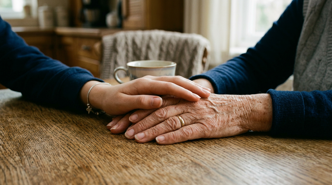 A younger hand holding the hand of an older person