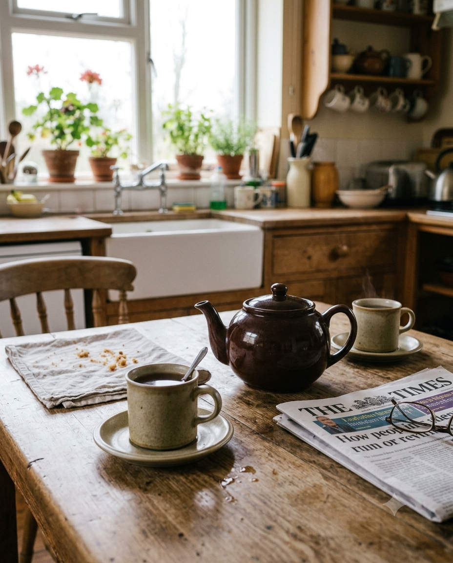 "Two cups of tea and a teapot on a kitchen table — the connection at the heart of the community.