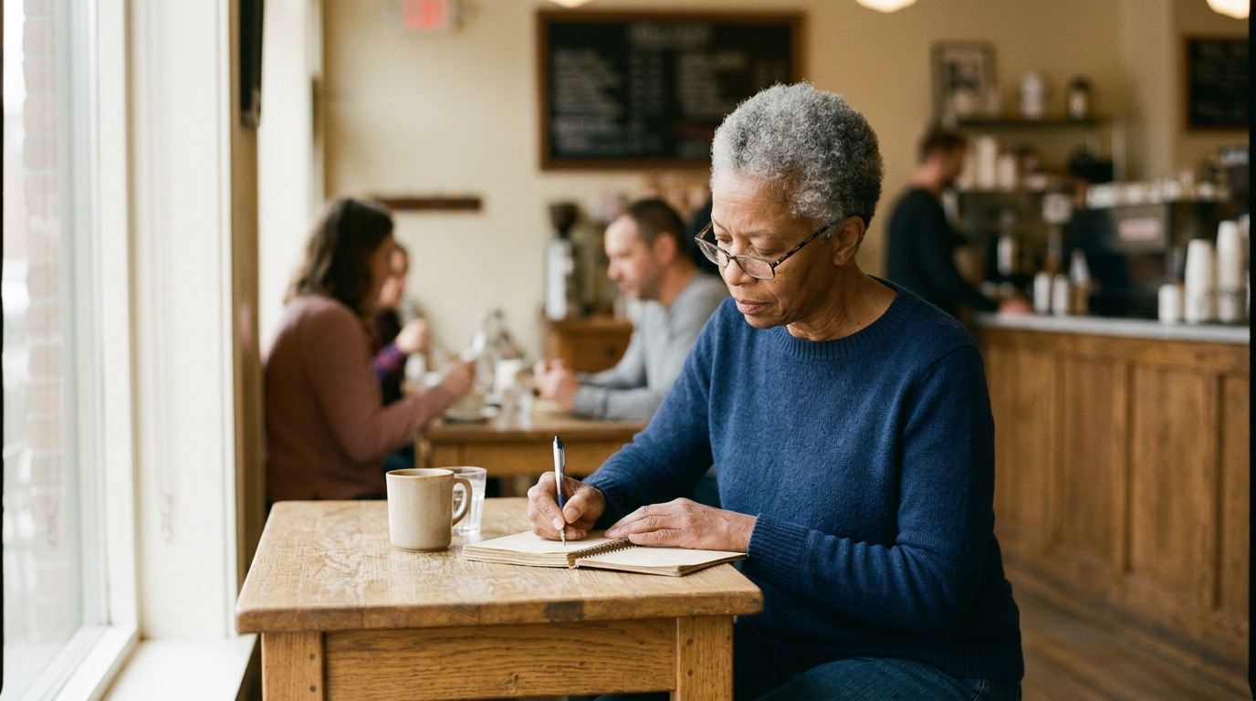 A woman in her sixties writing in a notebook at a café table, absorbed in her own thoughts