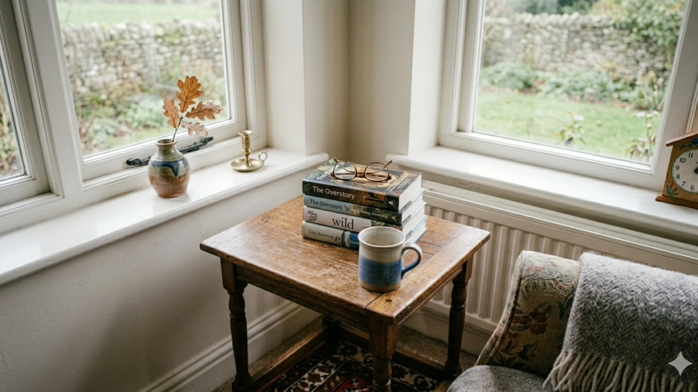 A wooden table beside a window with a small stack of books and a cup of tea, lit by soft daylight.
