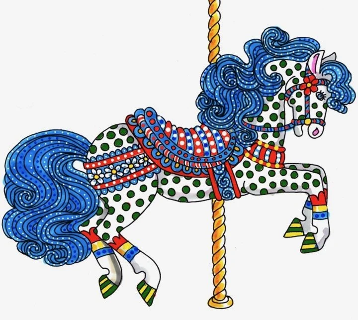 Colorful illustration of a carousel horse with a blue curly mane, green polka dots, and bright red, yellow, and green saddle and leg decorations, mounted on a yellow striped pole.