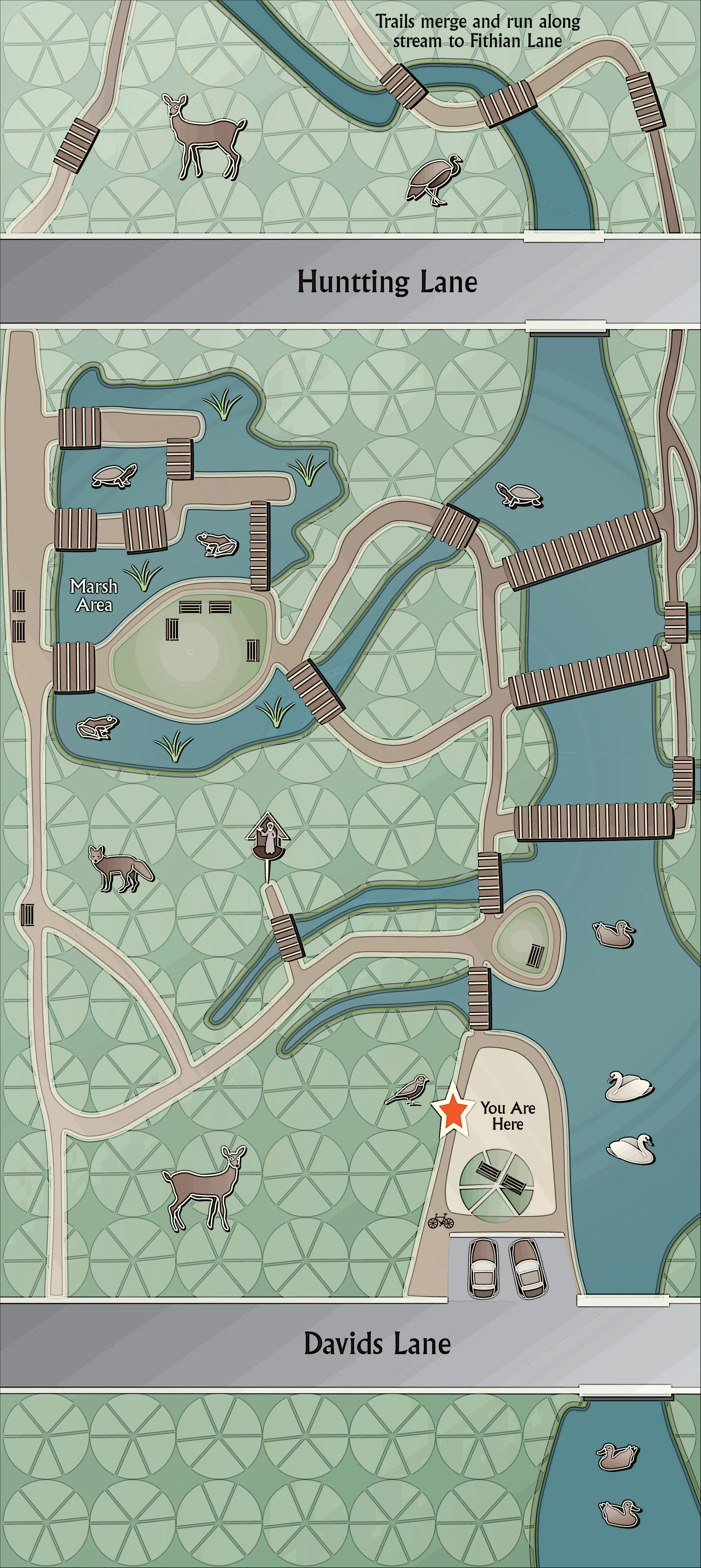 A detailed map of a wildlife park with various animal habitats and paths, including water features, marsh areas, and bridges, showing the visitor's current location and labeled walking lanes.