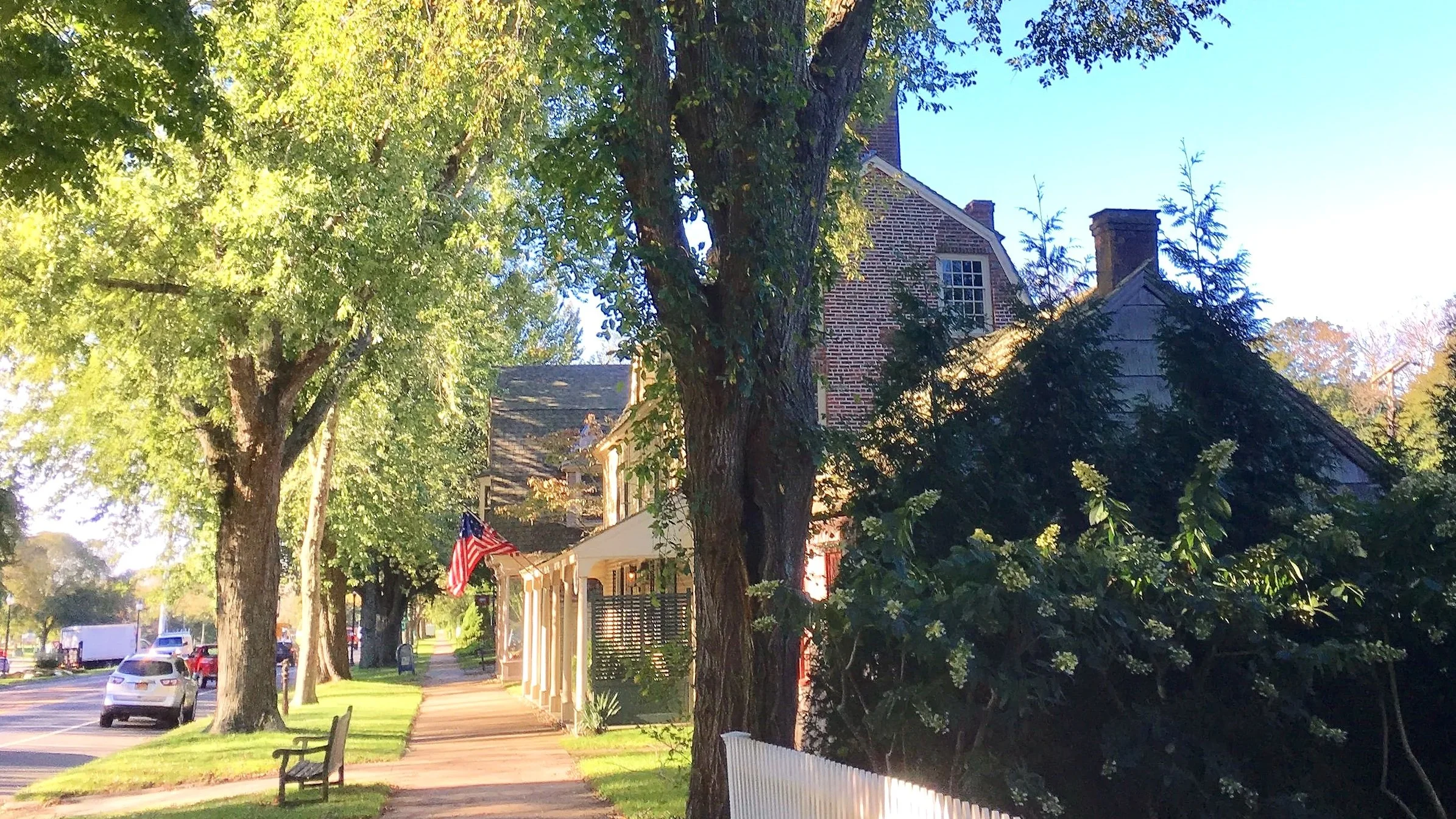 Street scene with large leafy trees lining the sidewalk, a house with brick exterior and a chimney, and cars parked along the street on a sunny day.