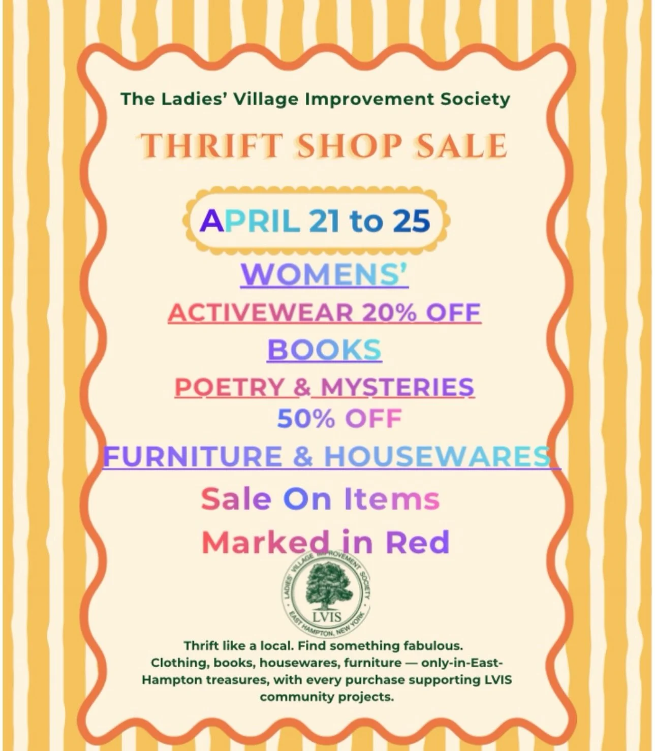 🌳LVIS🌳 Make a note of this week&rsquo;s Sales and stop in the shops Tuesday-Sat, 10-5. #thriftlocal #lvis #lviseasthampton #thrifter #thrifthaul