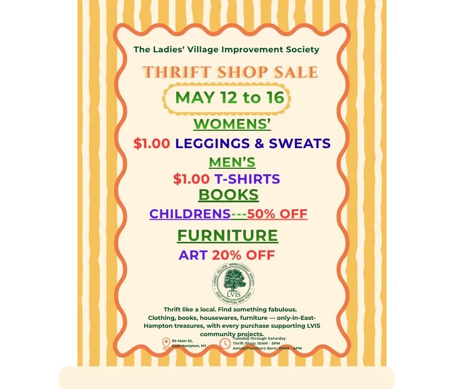 🌸LVIS🌸 This weeks Sale item are available Tuesday-Sat, 10-5. Bring a friend 💃💃🕺🕺and stop in to see what treasures you can find! #lvis #lviseasthampton #thriftlocal #lvisfair