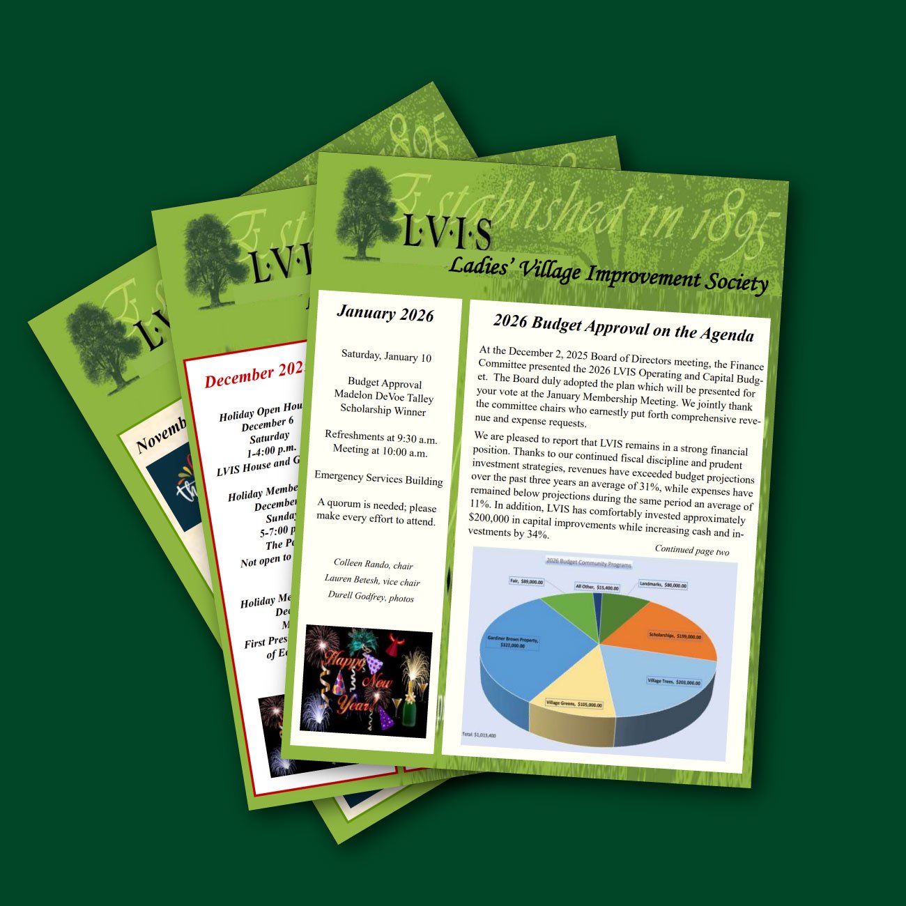 A set of four green informational flyers for Ladies' Village Improvement Society, with one flyer focused on January 2026 budget approval, featuring text about meetings and financial data, including a pie chart, and decorated with trees on the header.