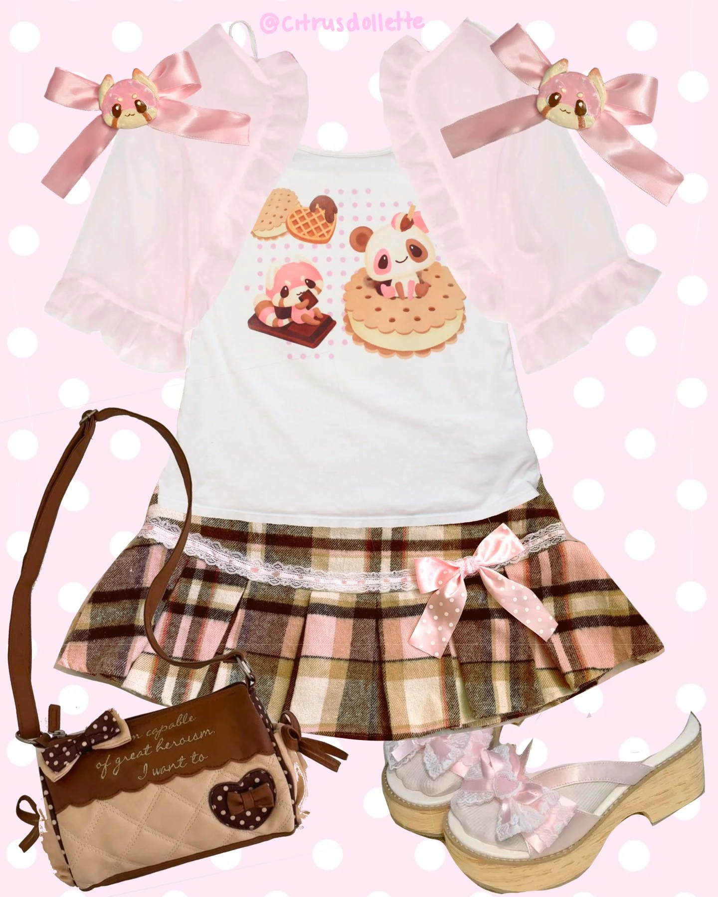 How I would style my Neapolitan biscuits print!
Neapolitan biscuits tank top, handmade check skirt, &amp; handmade panda bow hair clips 🍪+++
#heiseiretro #fruitsmagazine #heisei #jfashion #smallbusiness #upcycledfashion #kawaiifashion #kawaii #style