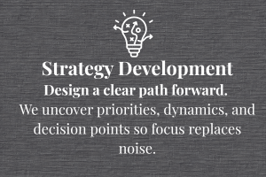Text on a dark background with an illustration of a lightbulb and gear, reading 'Strategy Development: Design a clear path forward. We uncover priorities, dynamics, and decision points so focus replaces noise.'