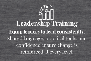 Leadership training poster with a graphic of two people climbing a bar chart with a flag at the top.