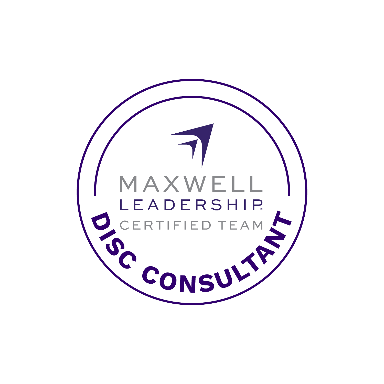 Certification badge for Maxwell Leadership Certified Team Disc Consultant, featuring a logo with an arrow and circular text.