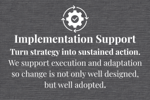 Implementation Support: Turn strategy into sustained action. We support execution and adaptation so change is well designed and well adopted.