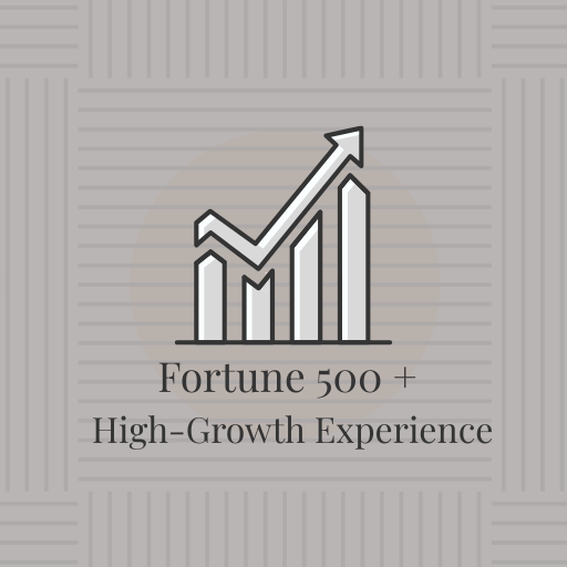 Chart showing upward growth with the text "Fortune 500+ High-Growth Experience".