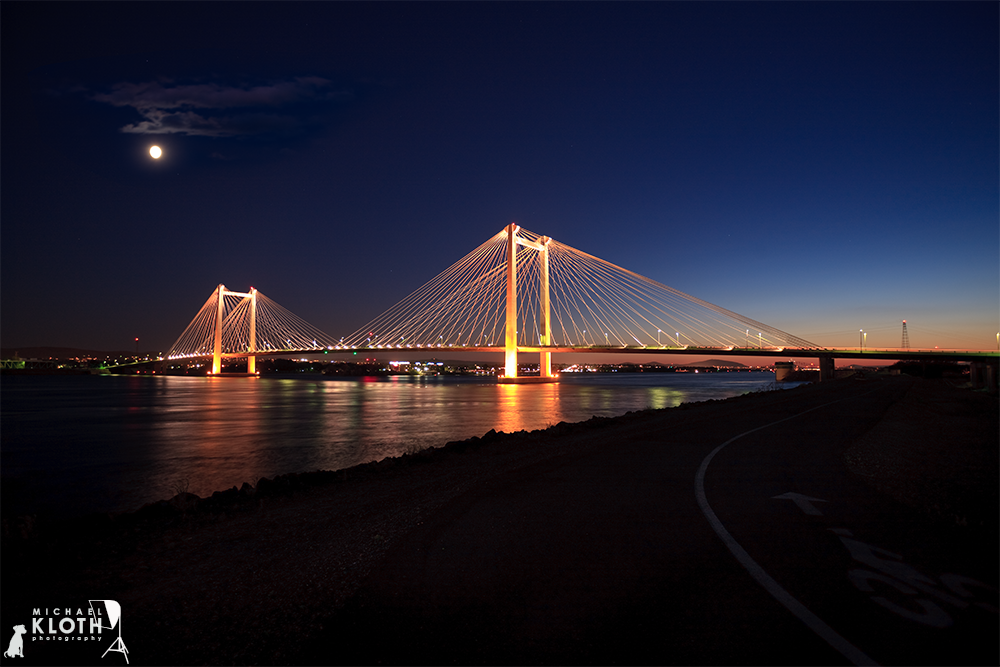 Cable Bridge Moonrise limited edition fine art print - moon rising over Ed Hendler Bridge Columbia River between Kennewick Pasco Tri-Cities Washington architectural landscape photography