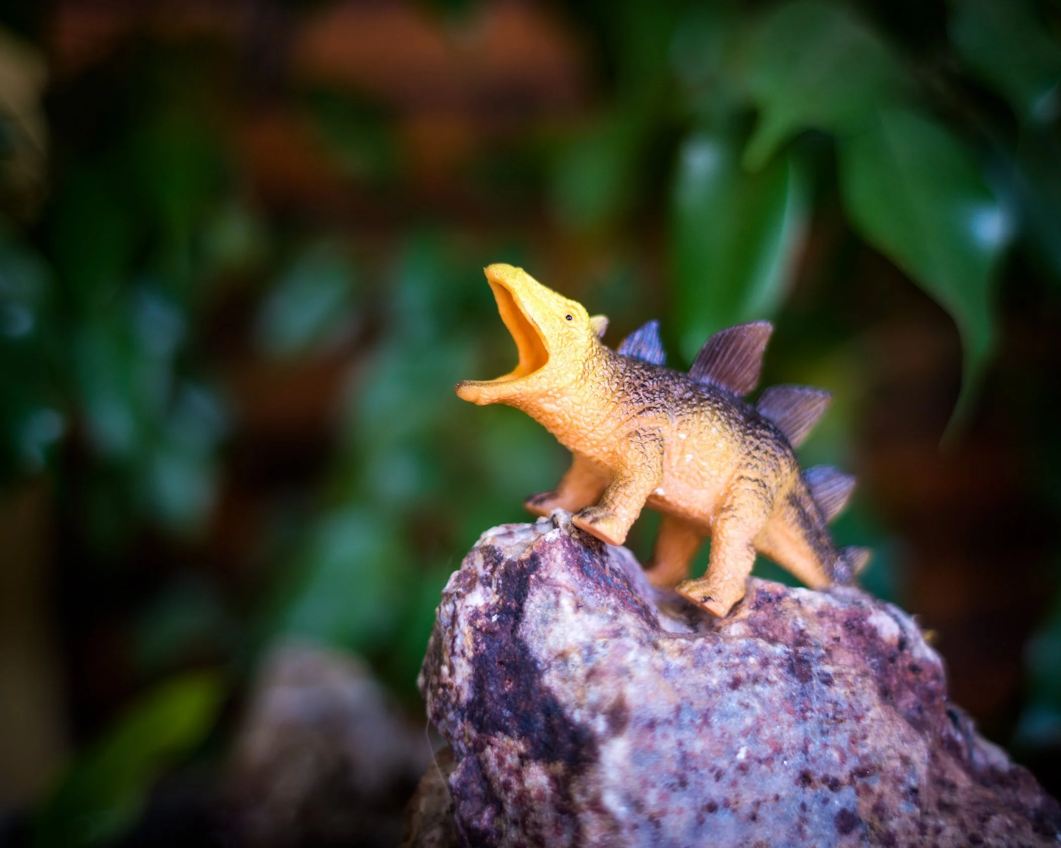 Yellow Stegosaurus roaring from a rock summit