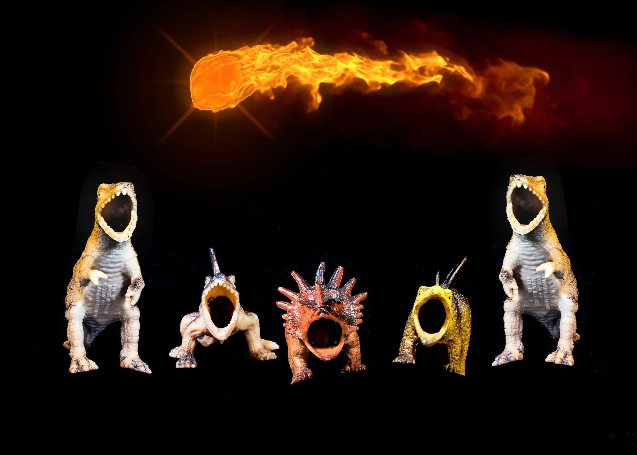 Dinosaur chorus line reacting to incoming comet
