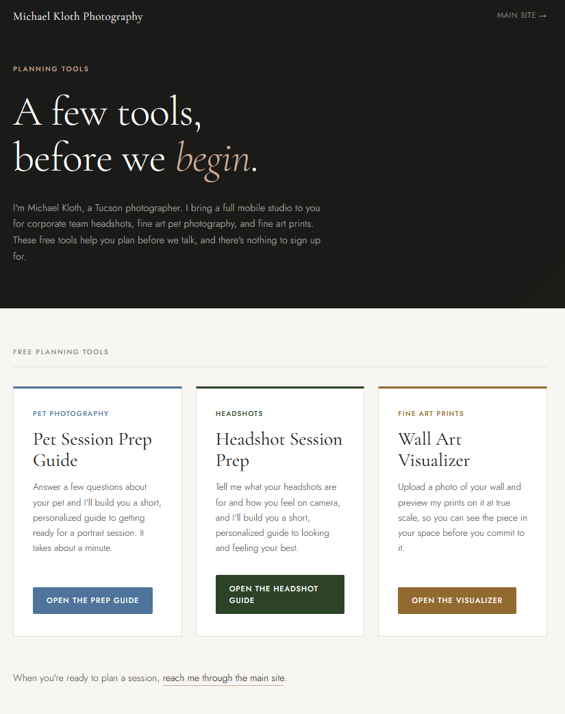 A screen shot of the Tools home screen for https://tools.michaelklothphotography.com/