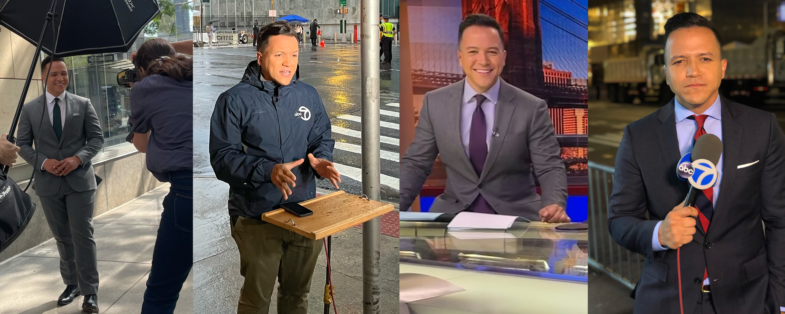 A collage of four news anchors reporting in different settings, including an outdoor interview, a rainy street, a studio, and on-location reporting at night.