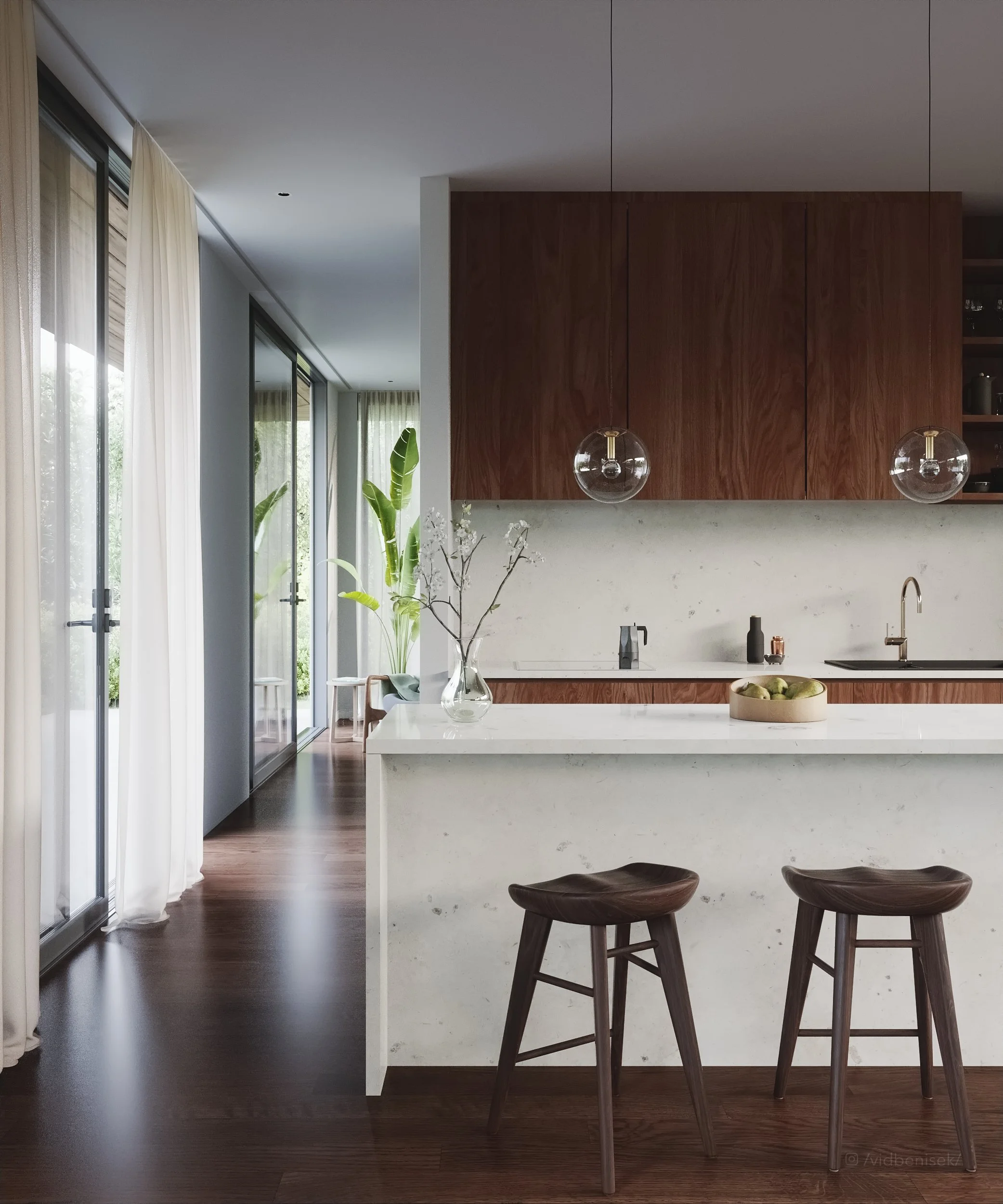 Modern kitchen with white island, wooden cabinets, pendant lights, and sliding glass doors with curtains leading to outdoor seating area.