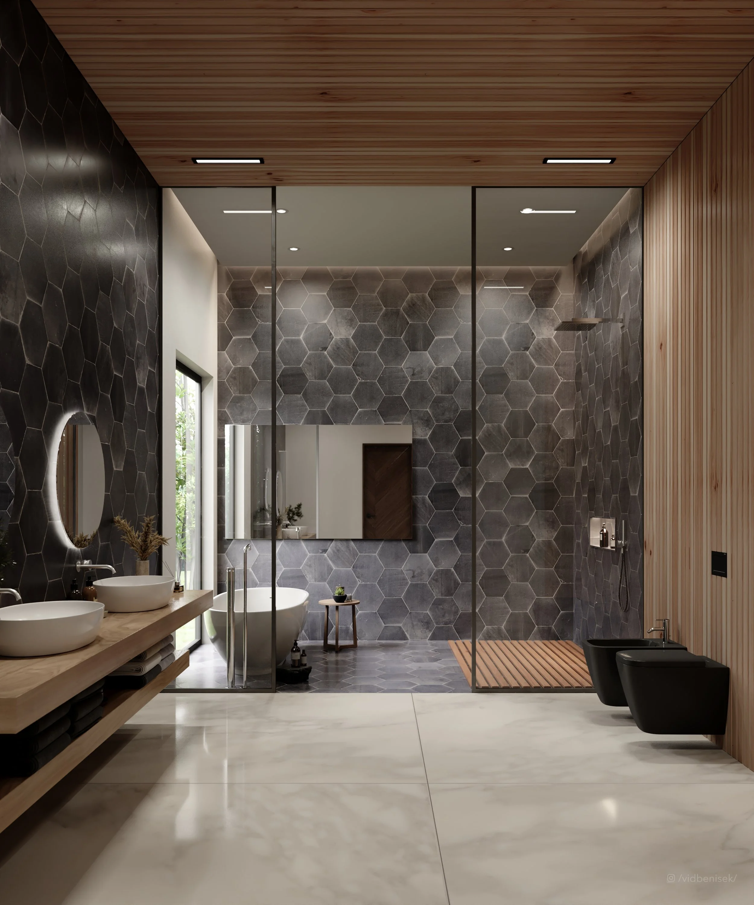 Modern bathroom featuring a double sink vanity, a freestanding bathtub, black bidet, and a walk-in shower with hexagonal gray tiles, wooden ceiling, and a large mirror.