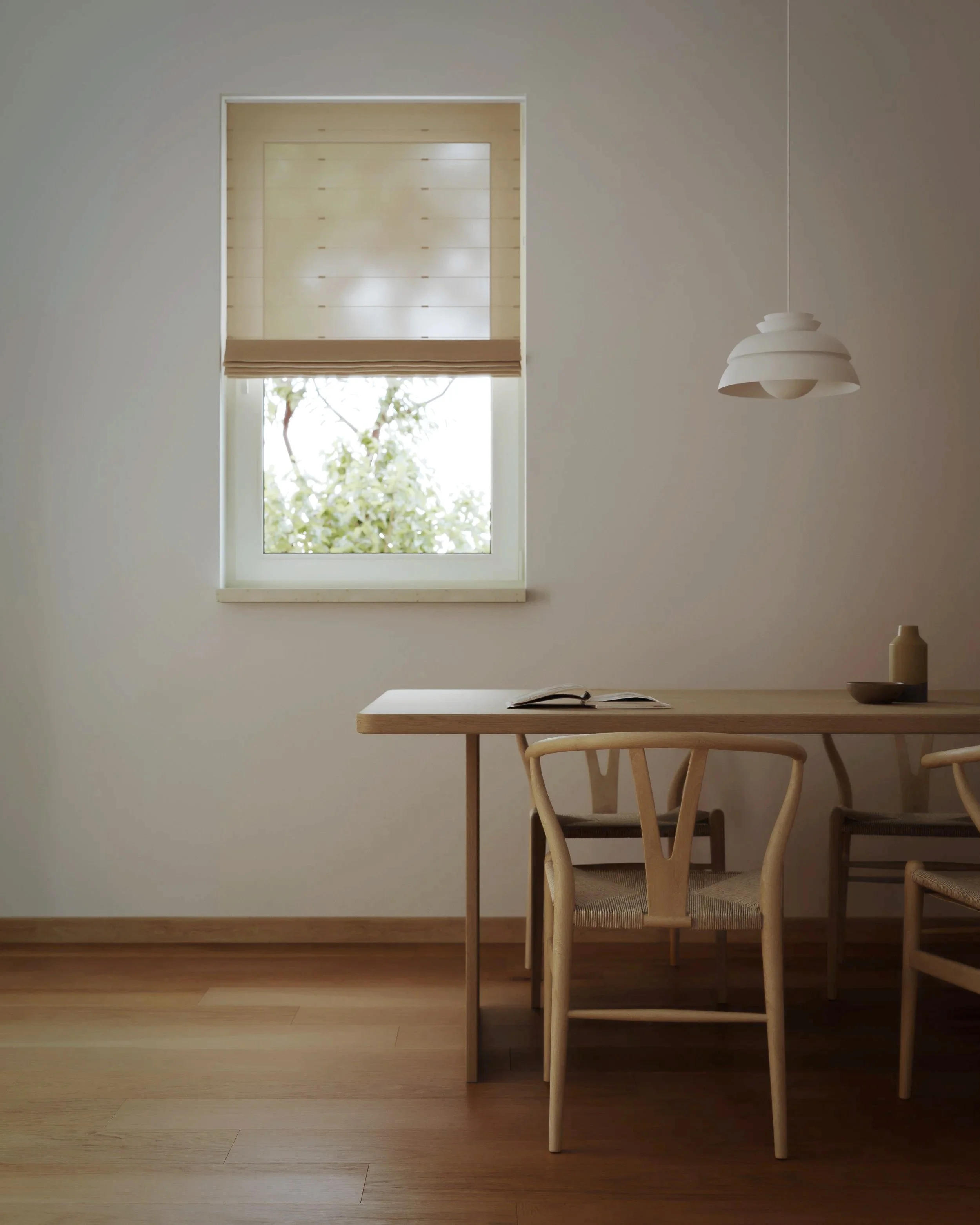 Minimalist dining room with wooden table, chairs, a window with a sheer shade, and a modern pendant light.