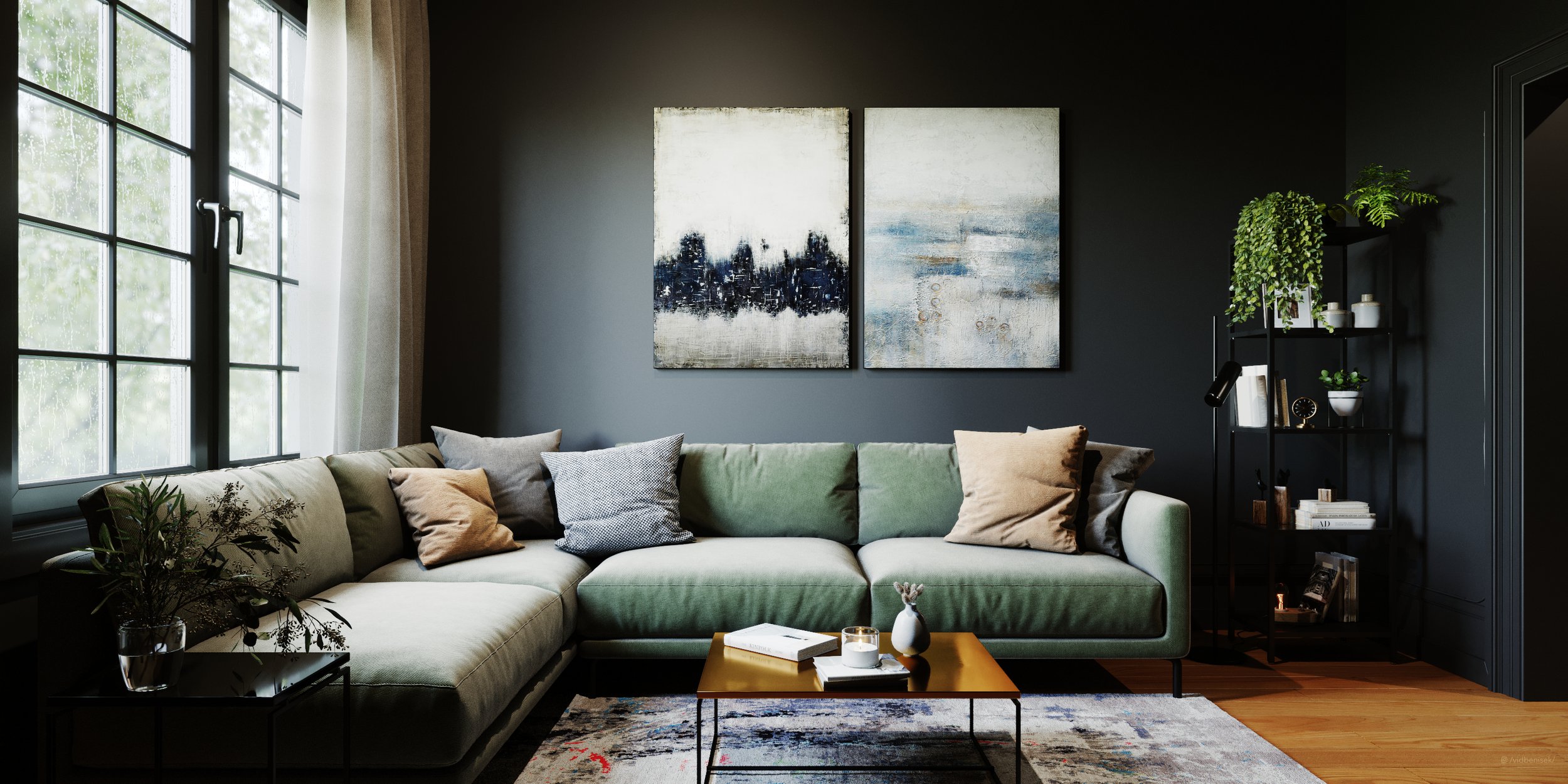 Living room with large window, green sectional sofa with various pillows, wooden coffee table with books and vases, dark gray walls with two abstract paintings, black bookshelf with plants and decor, wooden floor.