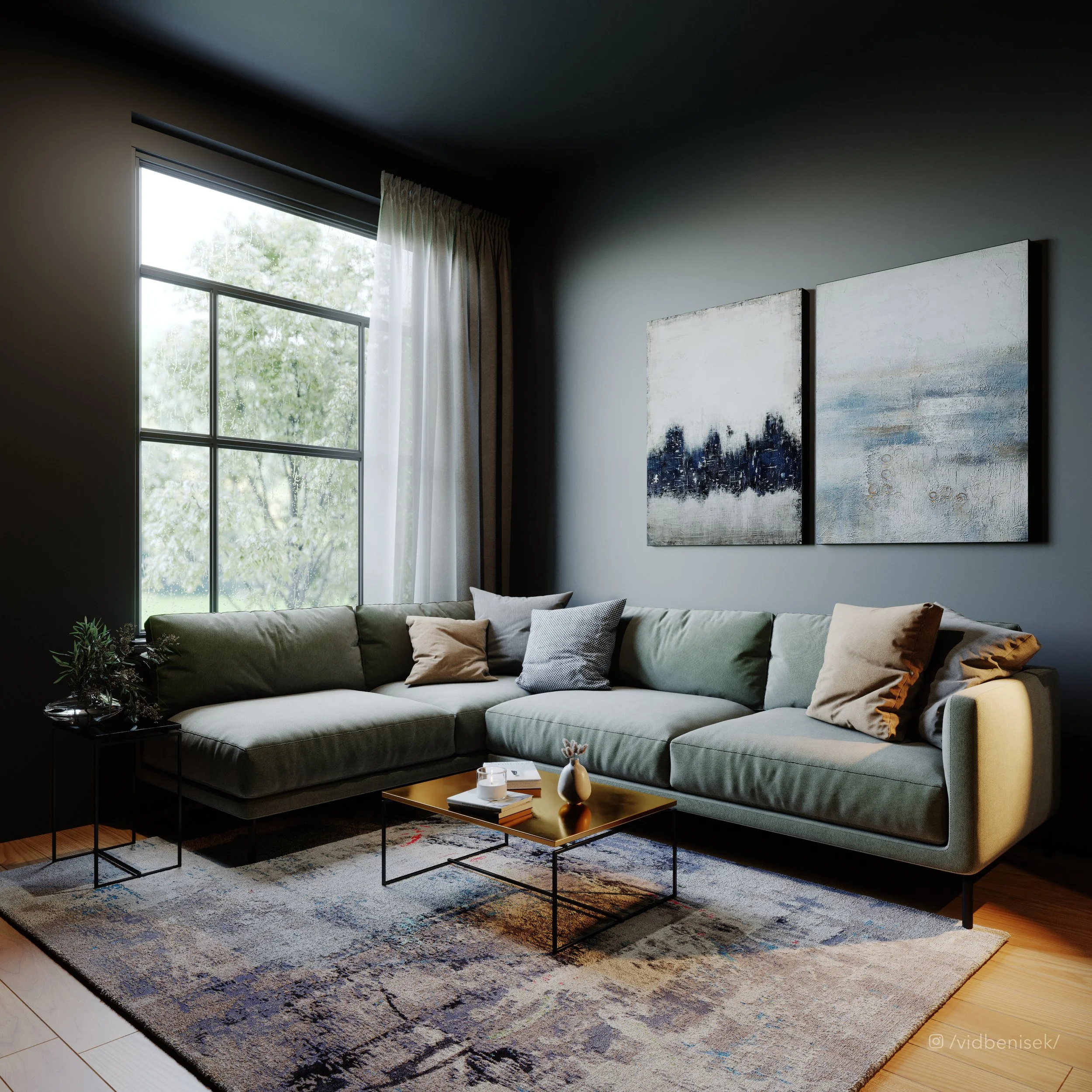 Living room with large window, light green sectional sofa with multiple pillows, abstract cityscape paintings on gray wall, coffee table with decor, and a patterned rug.