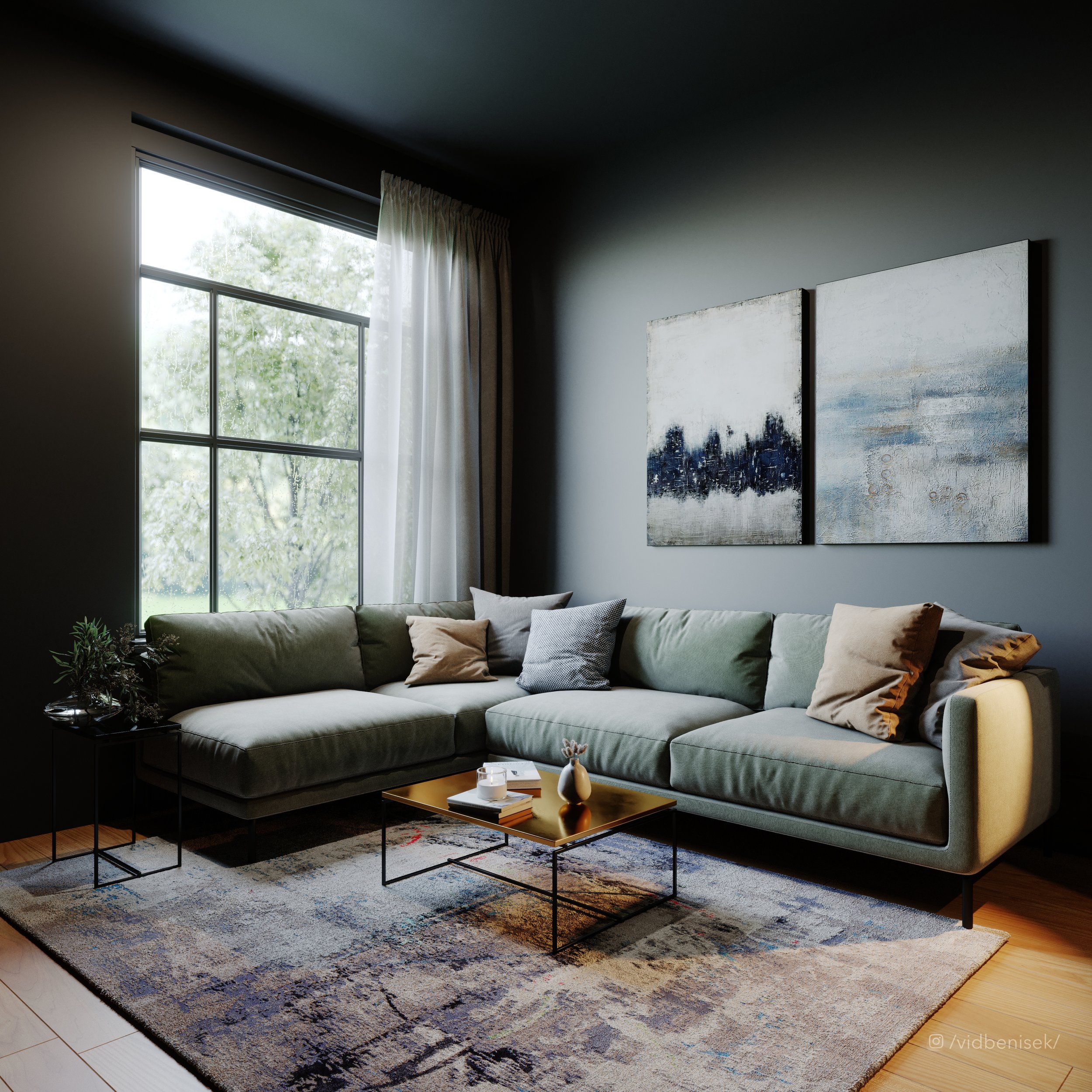 A living room with a large window, a light green sectional sofa with pillows, a gold coffee table, a black side table with a plant, and two abstract paintings on the gray wall.