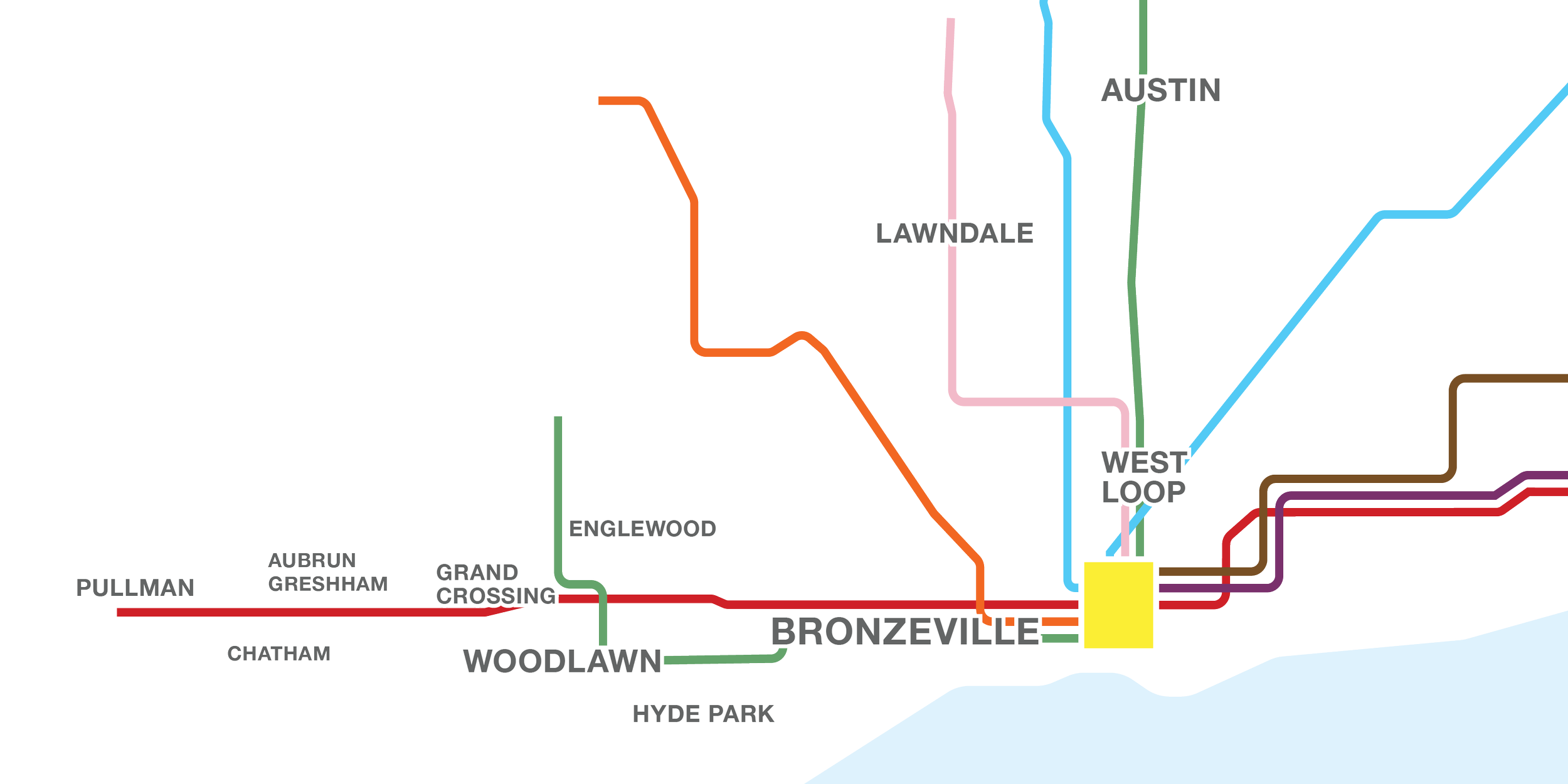 Map of the Chicago transit system highlighting various neighborhoods such as Bronzeville, West Loop, Lawndale, Austin, and others, with colored transit lines connecting them.