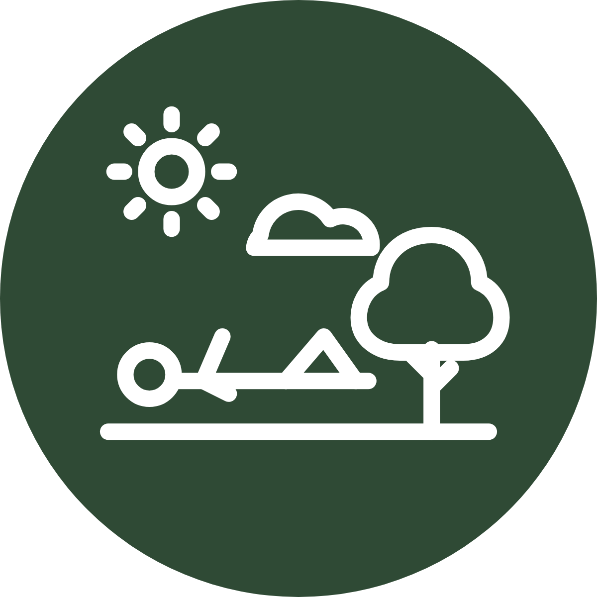 Stick figure laying on the ground near a tree with cloud and sun overhead