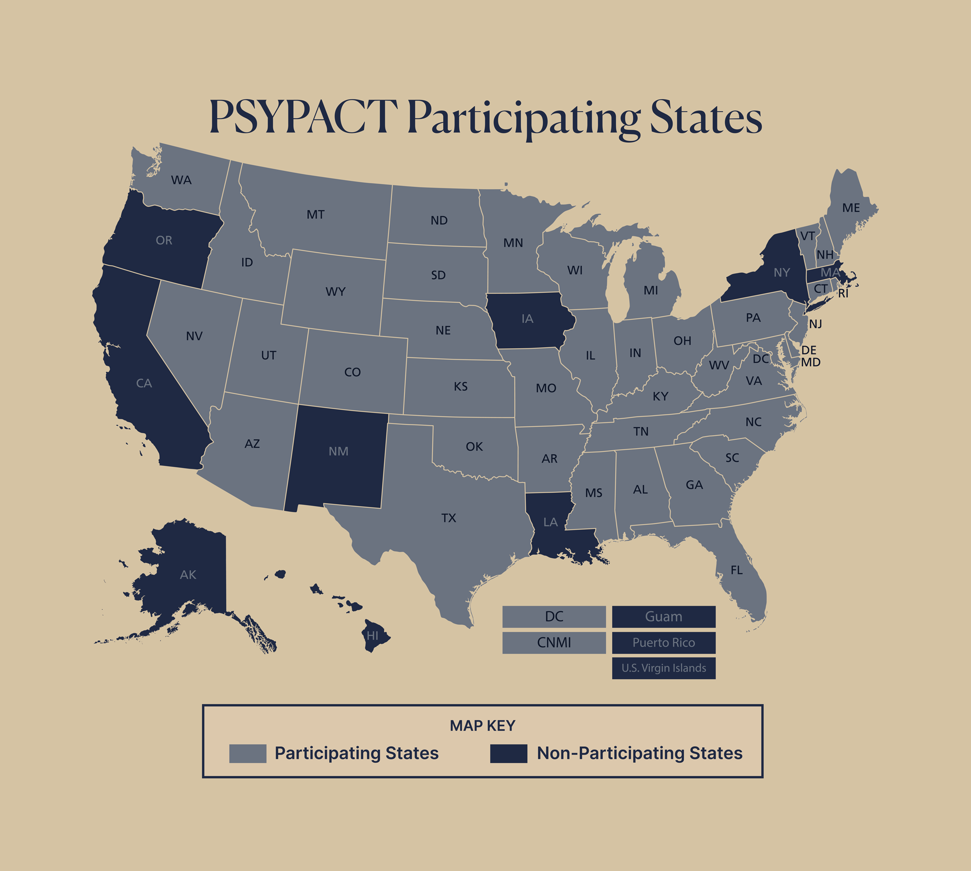 A map of the United States showing states participating in PSYPACT in light gray and non-participating states in dark gray. The map key indicates the participating states, non-participating states, and territories such as Guam, Puerto Rico, U.S. Virgin Islands, DC, and CNMI.
