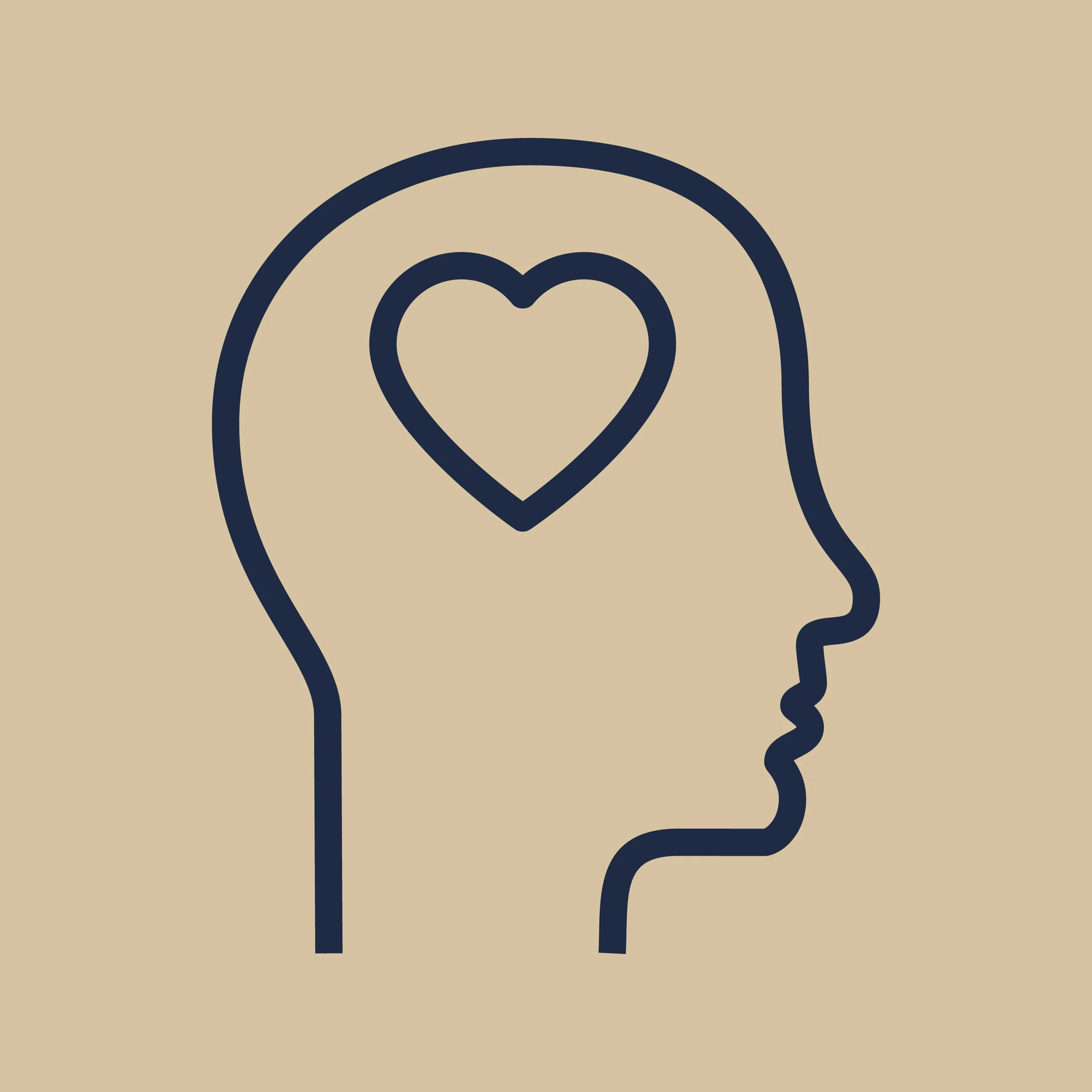 A simple outline of a human head in profile with a heart inside the brain area.