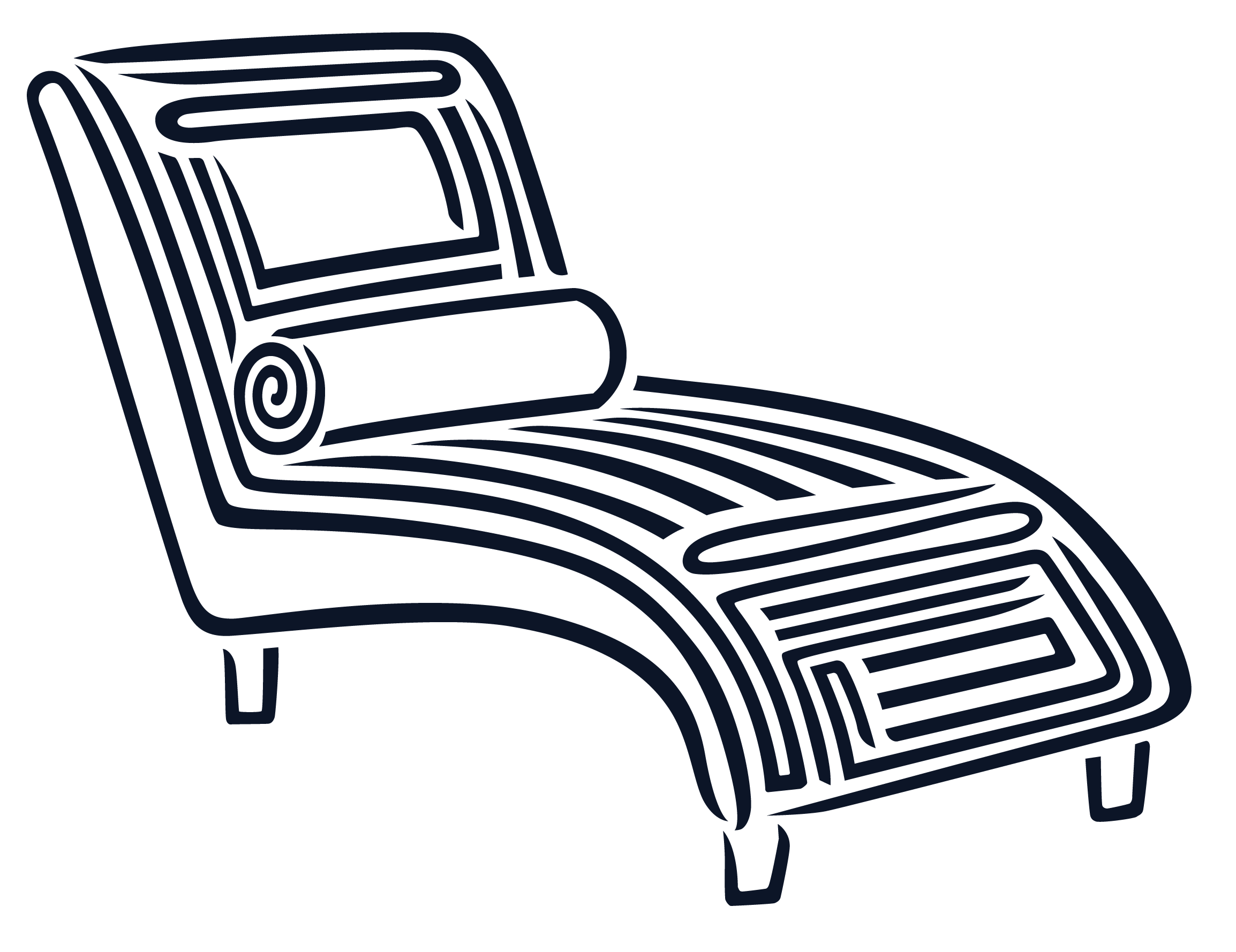 Line drawing of a modern armchair with a cushion on the seat and a backrest, supported by four angled legs.