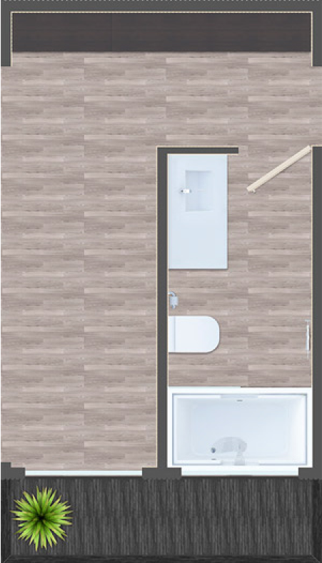 Plano de un baño con ducha, inodoro, lavabo y un área de piso de madera, con una planta en el exterior.