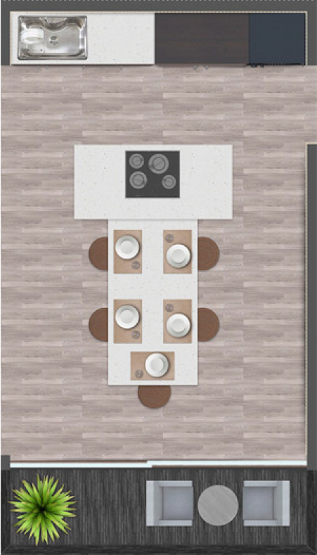 Vista superior de una cocina moderna con isla central, estufa eléctrica, fregadero, área de comedor con seis sillas y una pequeña área de descanso con dos sillones y una mesa en el balcón, decorada con planta