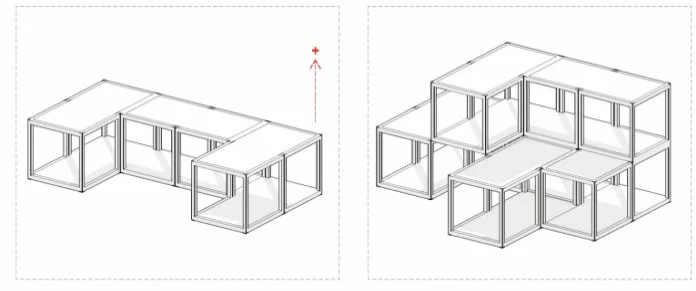 Dibujo técnico de un diseño de módulos de estructura de vidrio con esquemas en perspectiva