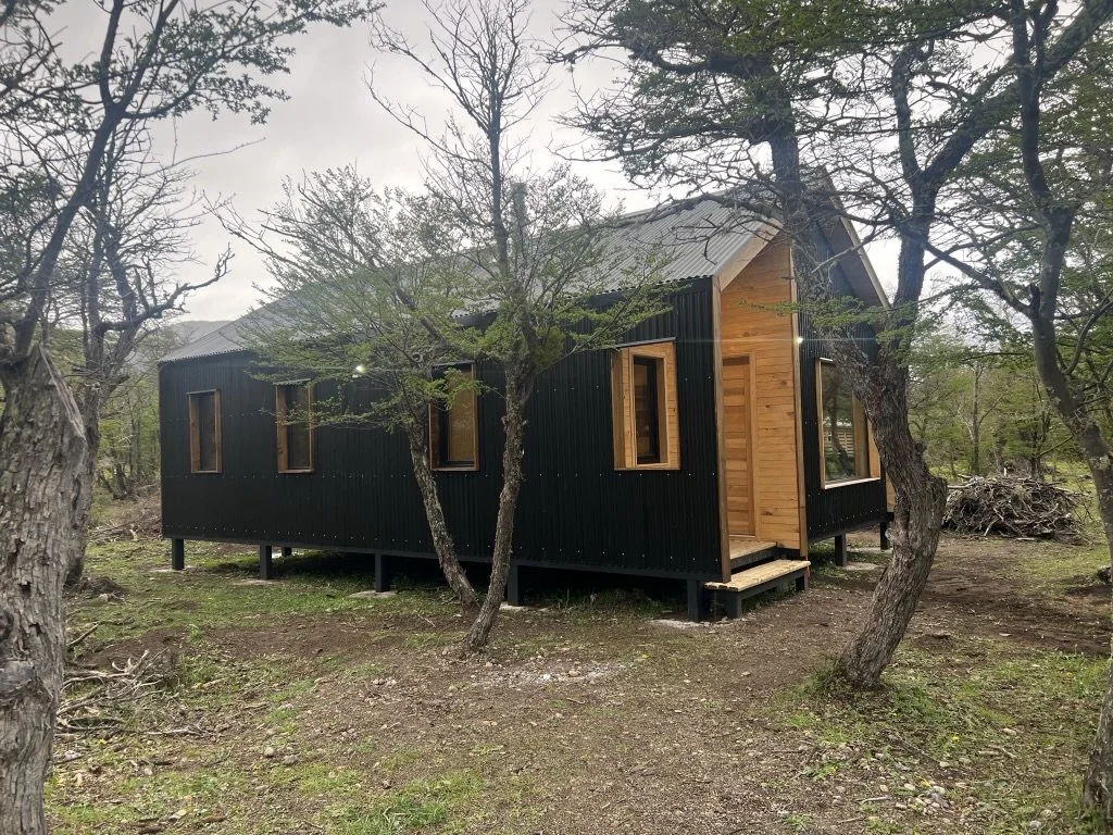 Casa moderna de madera negra en un bosque con árboles, en un entorno natural.