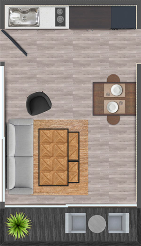 Vista frontal de un apartamento con área de cocina, sala y comedor, incluyendo mobiliario como un sofá, una mesa de centro, una mesa de comedor con platos y sillas, una planta y una pequeña terraza con sillas y una mesa.