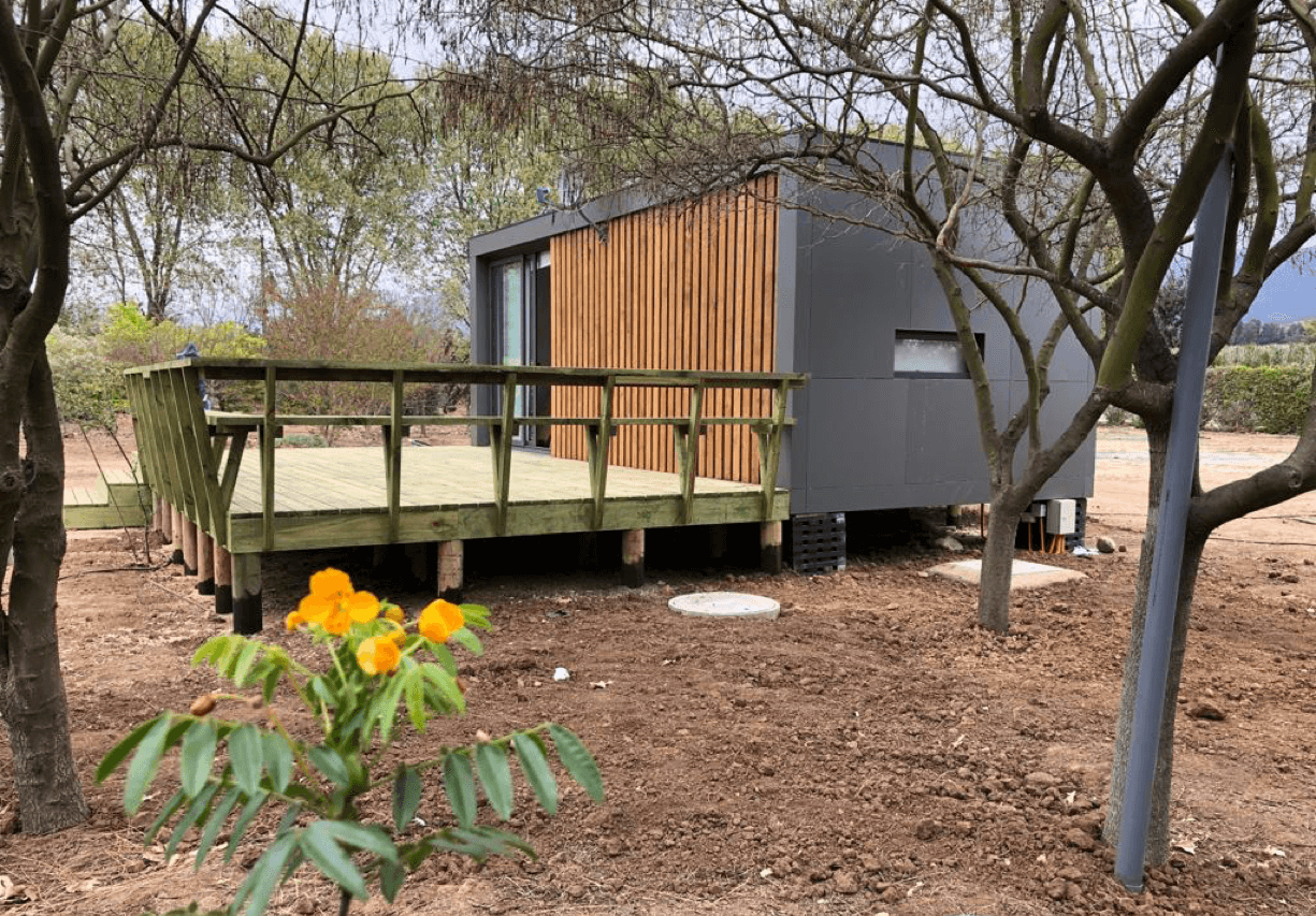 Casa moderna de madera y metal en un patio con árboles y tierra, con un balcón de madera en la parte frontal y flores amarillas en primer plano.