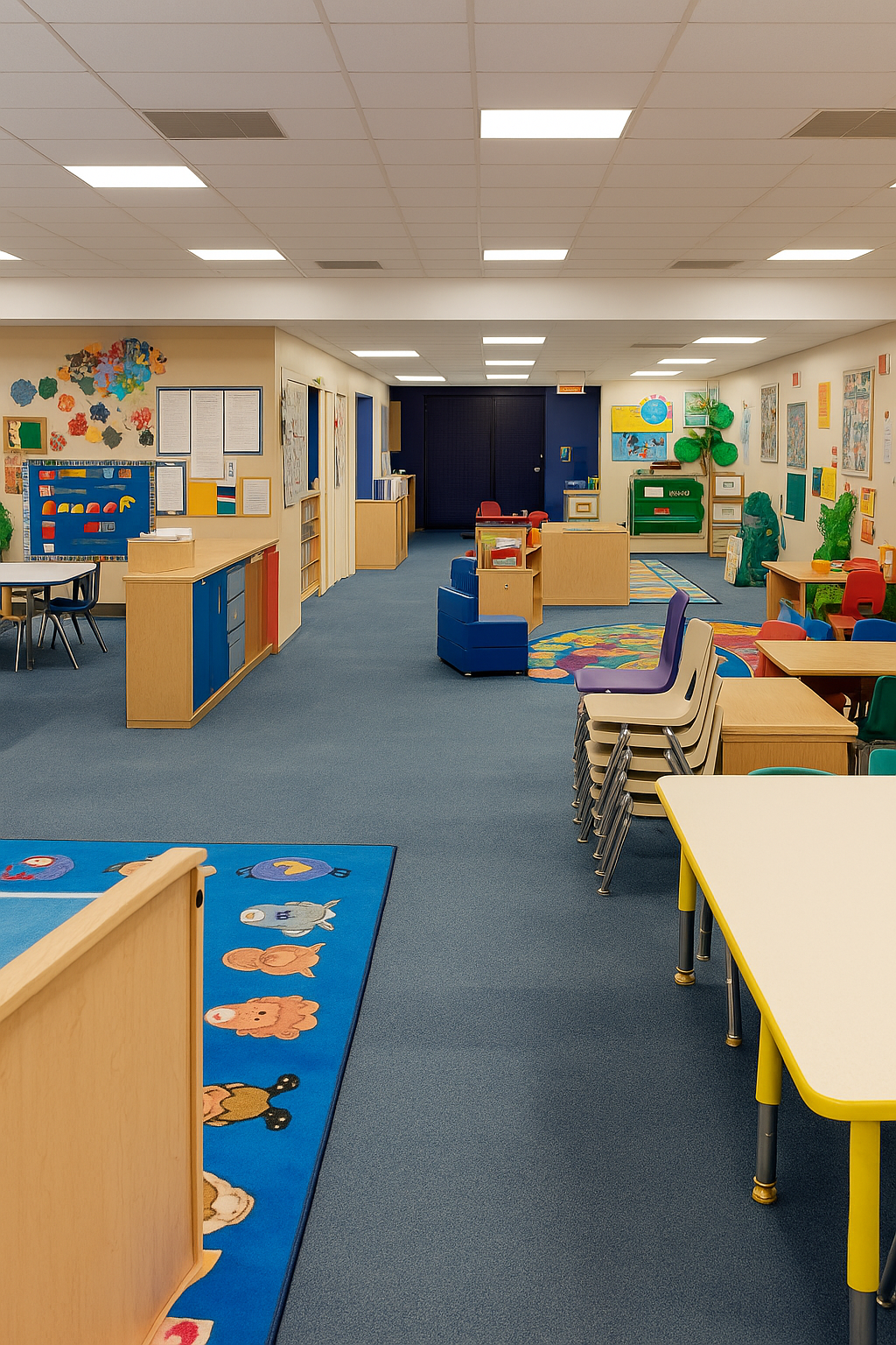 Colorful classroom with tables, chairs, and educational decorations on walls.