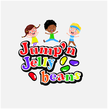 Illustration of three children jumping over colorful jelly beans with the words 'Jump 'n Jelly Beans' in bright letters.